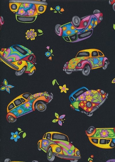 Novelty Fabric - Psychodelic VW Beetles On Black