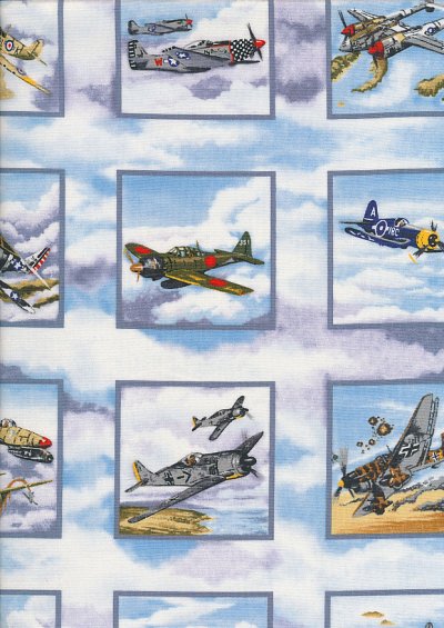 Novelty Fabric - Classic Fighter Planes In Squares On Clouds