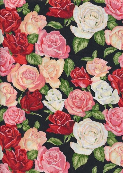 Novelty Fabric - Red, Pink & White Roses On Black