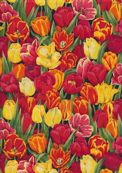 Novelty Fabric - Orange, Red & Yellow Tulips Tightly Packed On Black