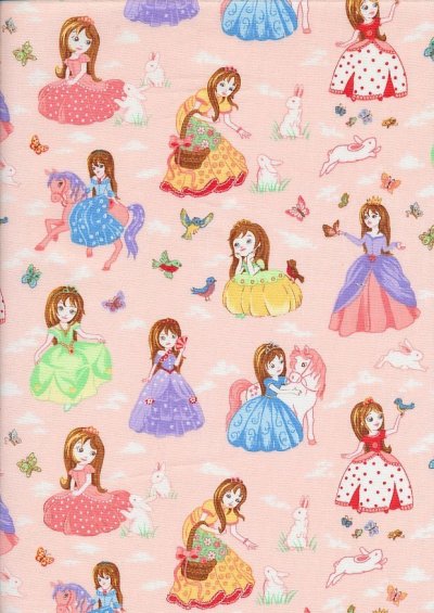 Novelty Fabric - Princesses, Rabbits, Butterflies & Horses On Pink