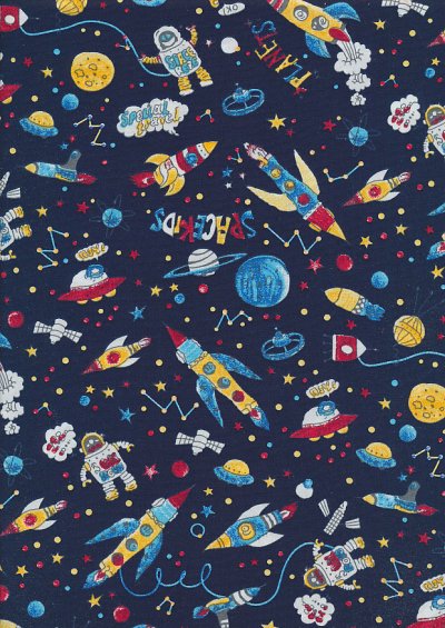 Rose & Hubble - Quality Cotton Print CP-0846 Navy Rockets, Astronauts, Planets & Aliens