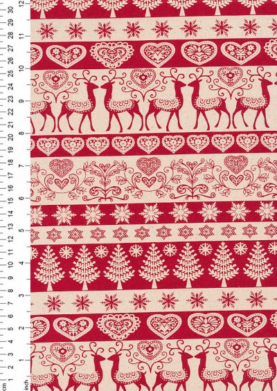 John Louden Scandi Christmas - Linear Reindeer & Trees Cream On Red 9000Q